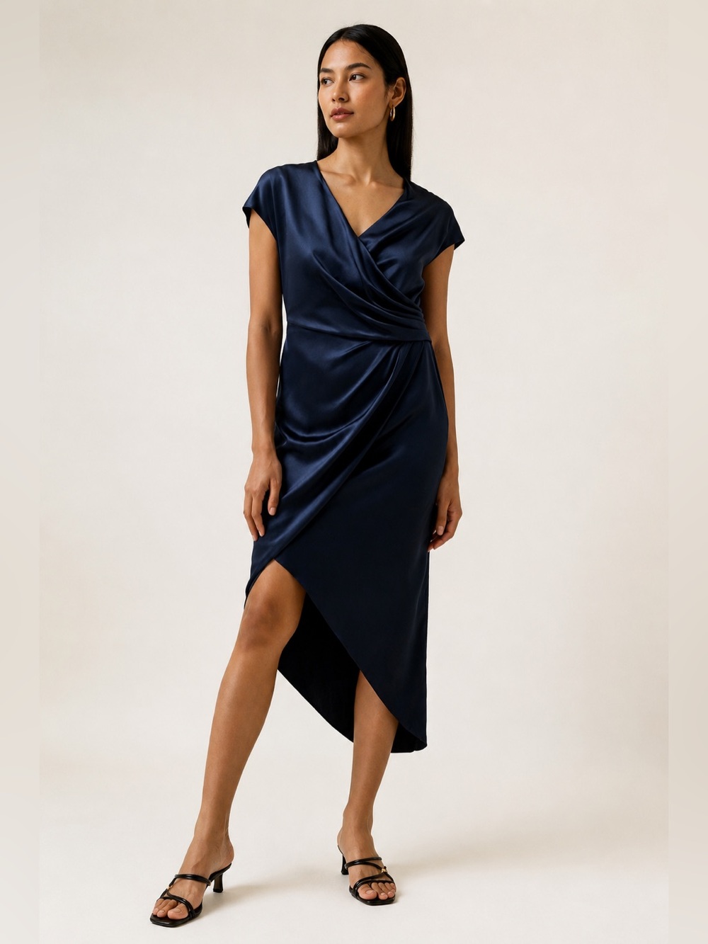 Lilysilk Silk Charmeuse High Low Dress Black Draped Midi 6